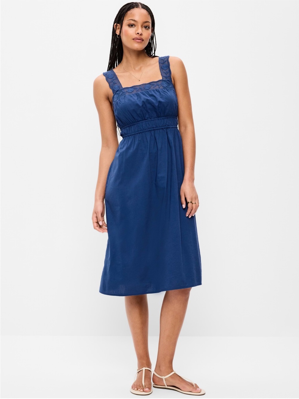 Cotton Viscose Blue Midi Dress Lace Straps S